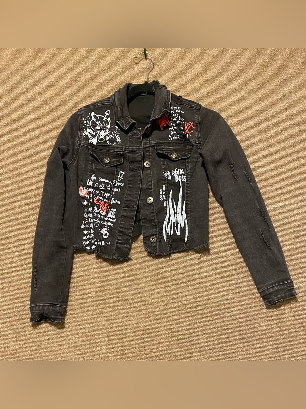 Redfox Black Graffiti Distressed Cropped Denim Jacket Size S Punk Grunge